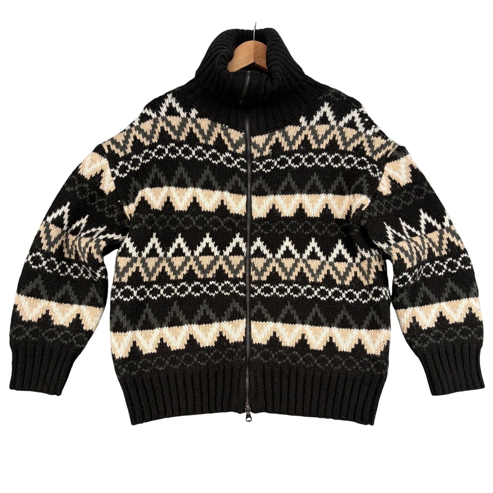 Magaschoni Women Medium Black Fair Isle Full Zip Sweater Nordic Cabin Core NEW